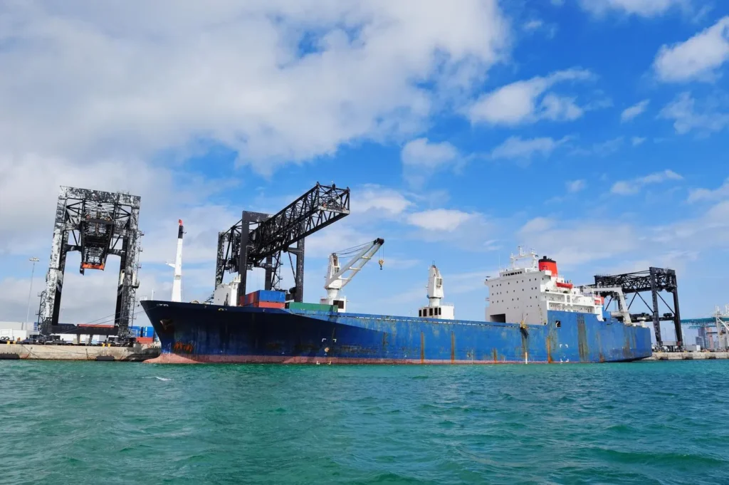 Cargo Ship Miami Harbor With Crane Blue Sky Sea