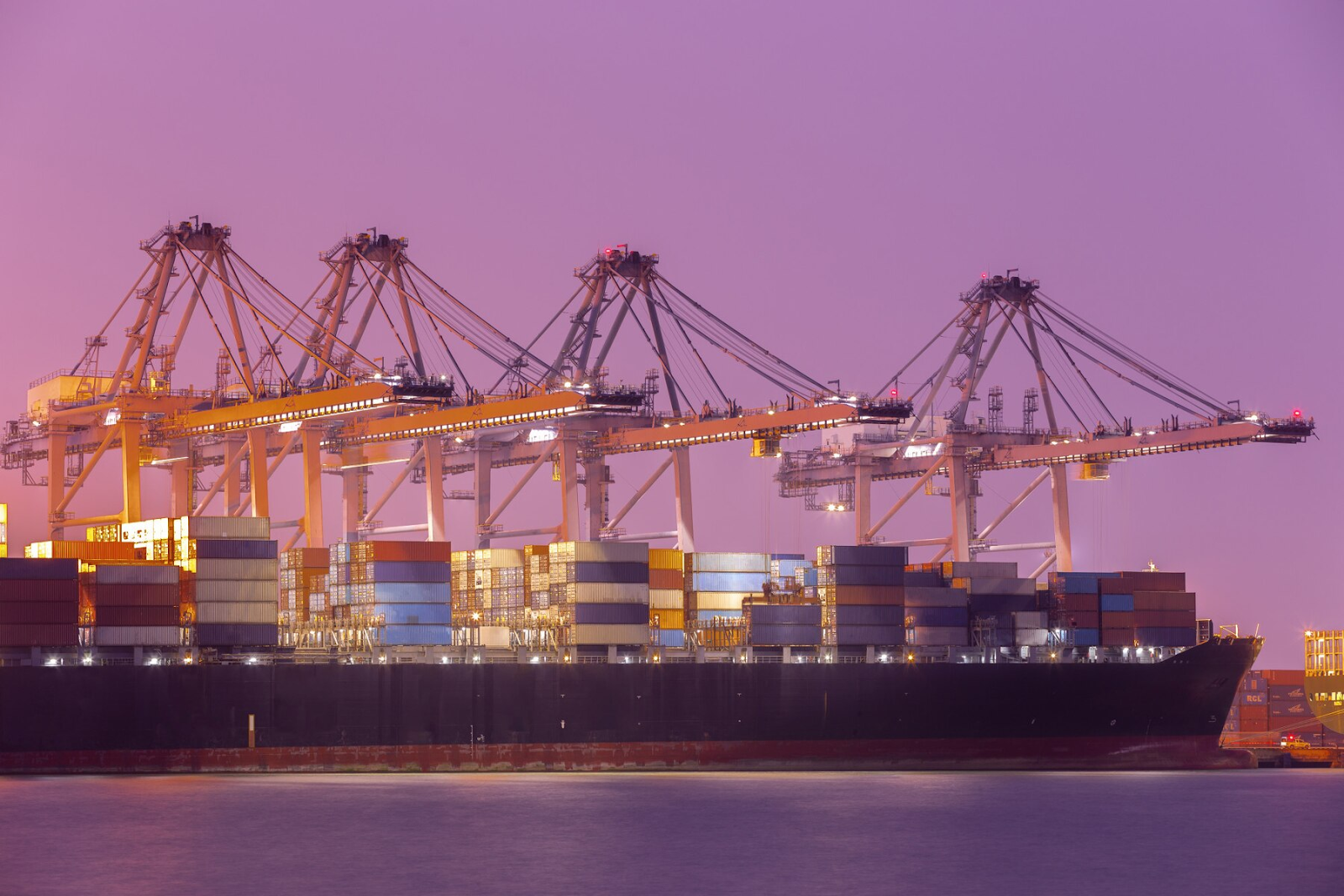 A long ship at the docking port gloomy evening